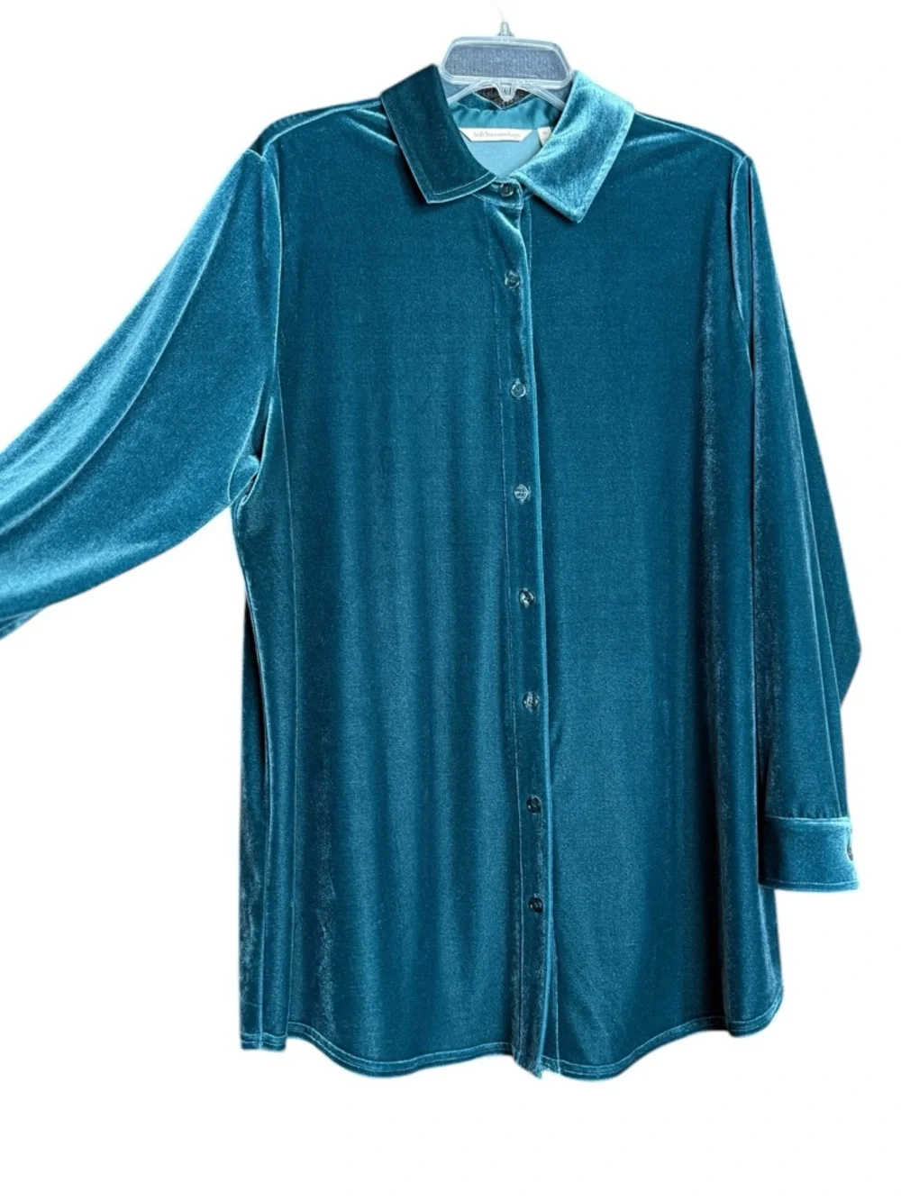 Soft Surroundings Teal Velvet Boyfriend Tunic Shirt Button Front XL